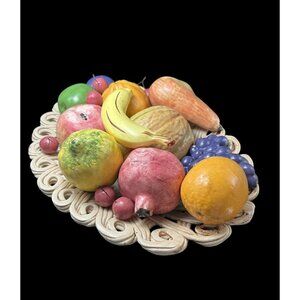 Vintage Italian Majolica Porcelain Woven Swirl Basket Bowl Fruit Horchow 15x12"